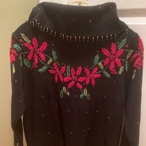 Christmas sweater Sz S poinsettia cowl neck